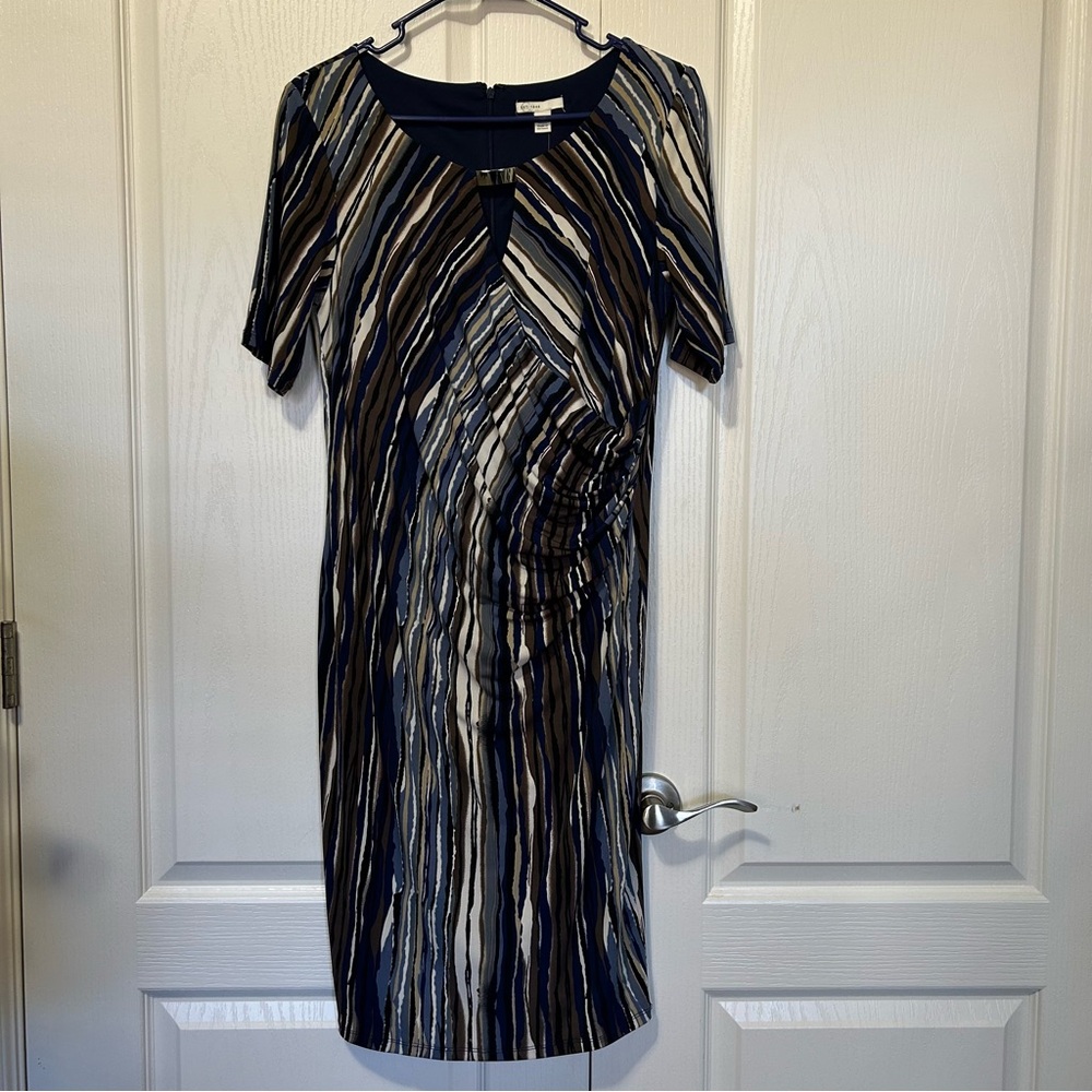 NWT Cato Striped Navy Blue Jersey Faux Wrap Dress Medium - Picture 1 of 5